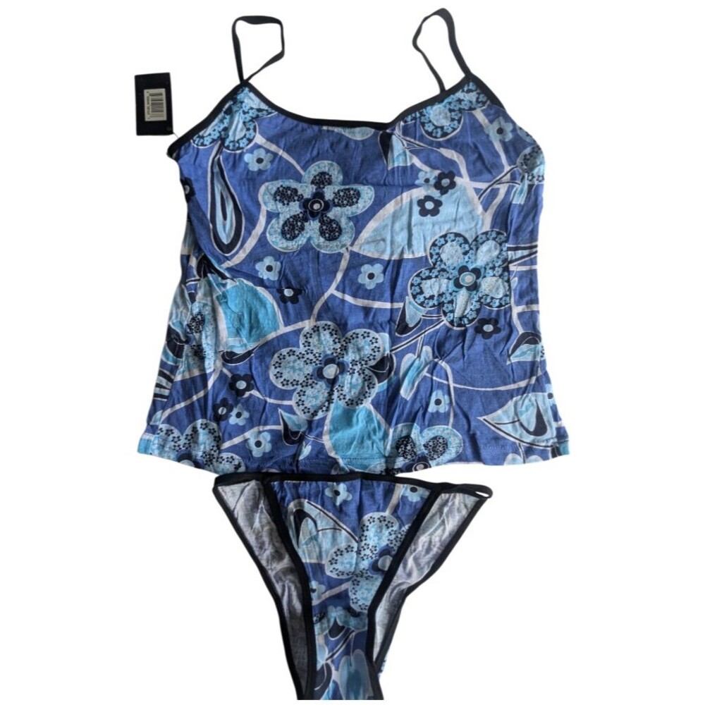 Dangerous Duds Women's Blue Floral Print Cami & Thong Lingerie Set Size M